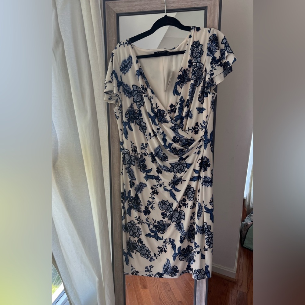 Lauren Ralph Lauren Floral Faux Wrap-Style White and Navy Dress NWT 16